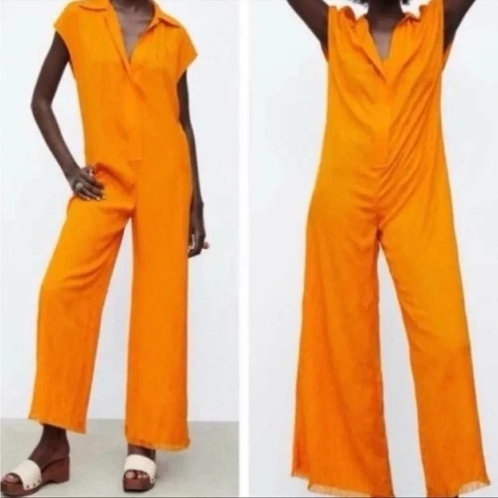 Zara Women Jumpsuit XS Orange Boho Paisley Jacquard Wide Leg Frayed Hem